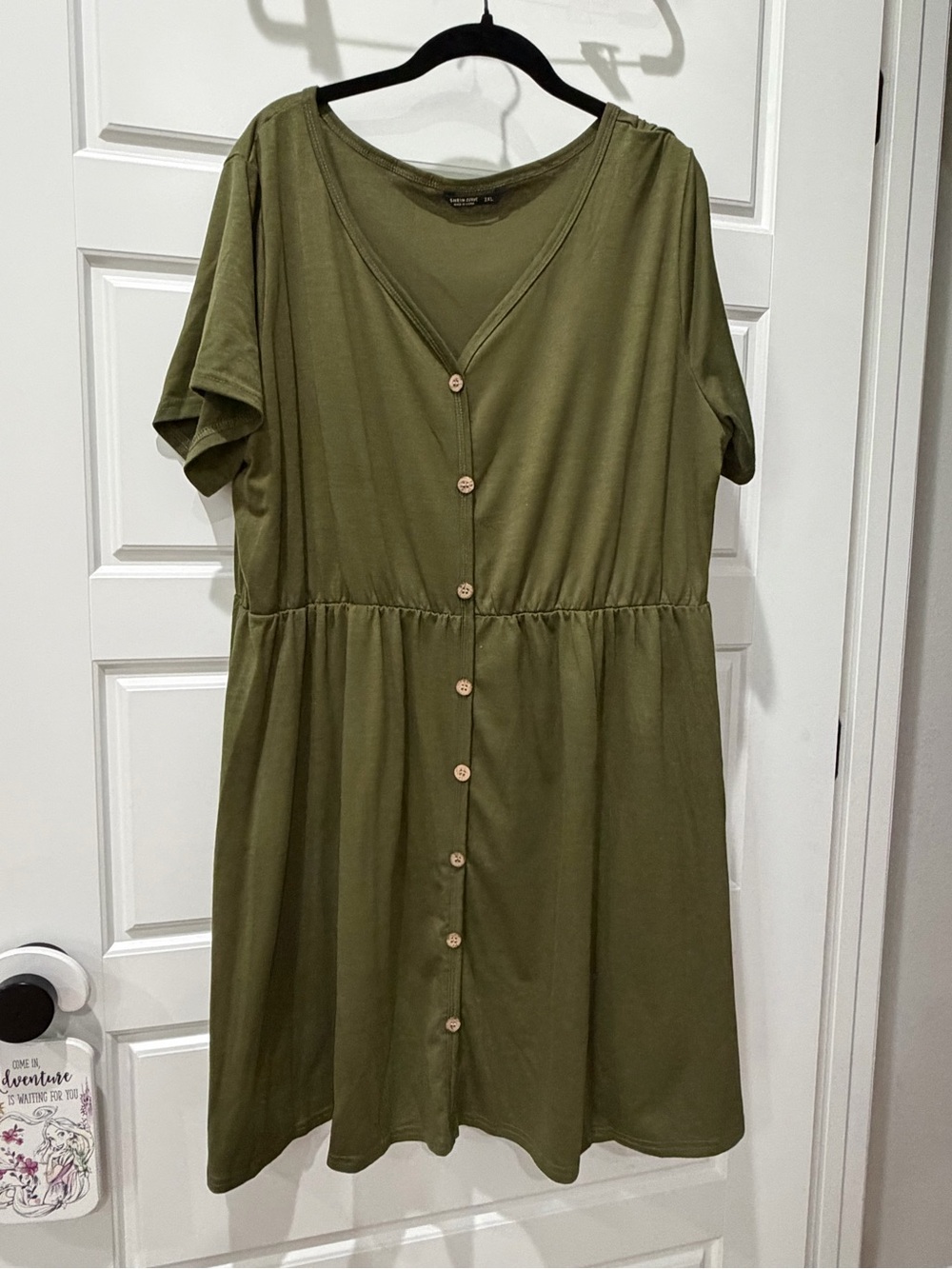 SHEIN Olive Button-Front V-Neck Midi Dress